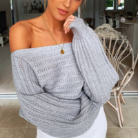 Solid Color Long-Sleeved One-Shoulder Knitted Sweater - Thumbnail 1
