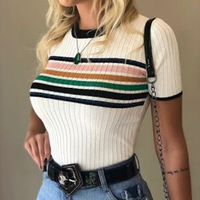 Round Neck Short Sleeve Striped Blouse - Thumbnail 1