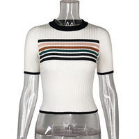 Round Neck Short Sleeve Striped Blouse - Thumbnail 2