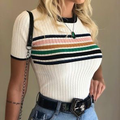 Round neck short sleeve striped blouse