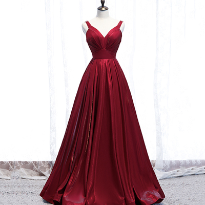 Shiny satin long prom dress burgundy evening dress - Thumbnail 2
