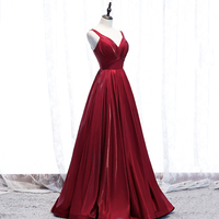 Shiny satin long prom dress burgundy evening dress - Thumbnail 2