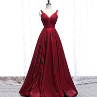 Shiny satin long prom dress burgundy evening dress - Thumbnail 4
