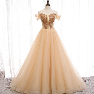 Gold tulle beads long ball gown dress formal dress - Thumbnail 5