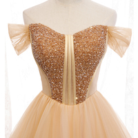 Gold tulle beads long ball gown dress formal dress - Thumbnail 1