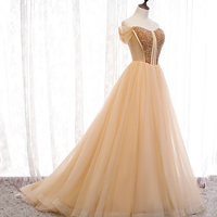 Gold tulle beads long ball gown dress formal dress - Thumbnail 3