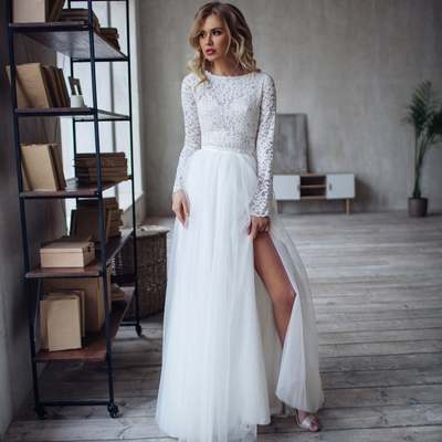 Elgeant two piece lace top white tulle wedding dresses with split - Thumbnail 4