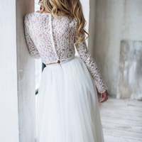 Elgeant Two Piece Lace Top White Tulle Wedding Dresses with Split - Thumbnail 2