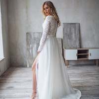 Elgeant Two Piece Lace Top White Tulle Wedding Dresses with Split - Thumbnail 1