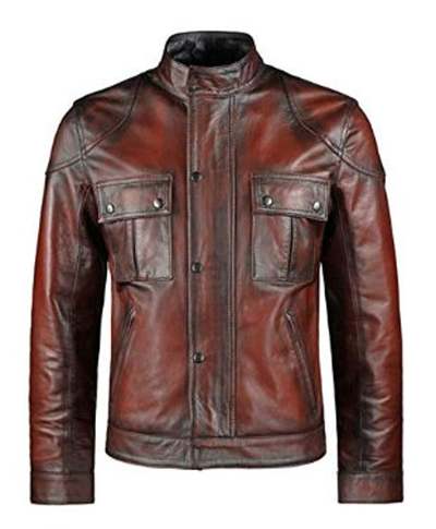 Red Vintage Fashion Style iker Distressed Cafe Racer Leather Jacket for Men's