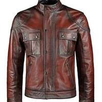 Red Vintage Fashion Style iker Distressed Cafe Racer Leather Jacket for Men's - Thumbnail 4