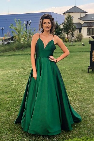 SP1003,Green Spaghetti Straps A-line Long Prom Dresses,V-neck Sleeveless Evening Party Dress