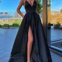 SP1005,Black Spaghetti Straps V-neck Prom Dresses,Long Sleeveless A-line Evening Party Dress - Thumbnail 1