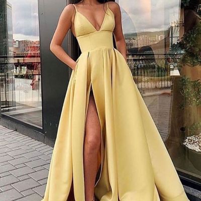 Sp1006,charming a line spaghetti straps yellow prom dresses with split
