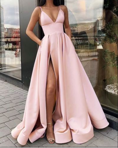 SP1007,Sexy Pink Long Prom Dresses,Spaghetti Straps V-neck Evening Gown