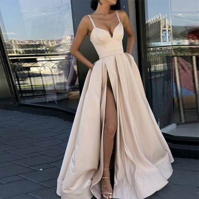 Sp1008,champange prom dress,belt v-neck evening dresses,satin evening dress,spaghetti straps split prom dress