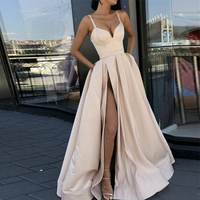 SP1008,Champange Prom Dress,Belt V-neck Evening Dresses,Satin Evening Dress,Spaghetti Straps Split Prom Dress - Thumbnail 1