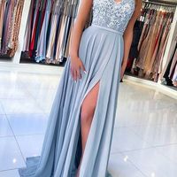 SP1009,Elegant Light Blue Sheath Prom Dresses,Long Applique Evening Formal Gown - Thumbnail 1