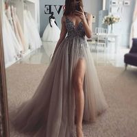 SP1010,Luxury Grey Beading A-line V-Neck Prom Dresses with Side Slit - Thumbnail 1