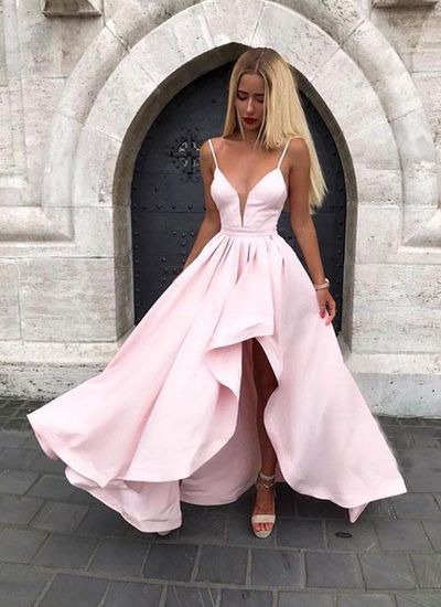 SP1011,Pink Prom Dresses,Spaghetti Straps Evening Dresses,High-Low Party Gown