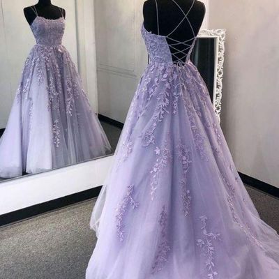 Sp1012,charming lavender tulle applique prom dresses,spaghetti straps evening dress with lace up back - Thumbnail 5