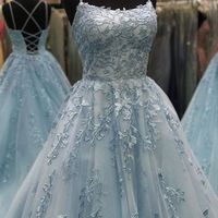 SP1014,Beautiful A Line Spaghetti Straps Blue Long Prom/Evening Dresses with Appliques - Thumbnail 1