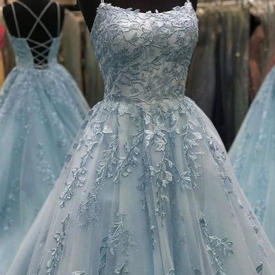 Sp1014,beautiful a line spaghetti straps blue long prom/evening dresses with appliques - Thumbnail 4