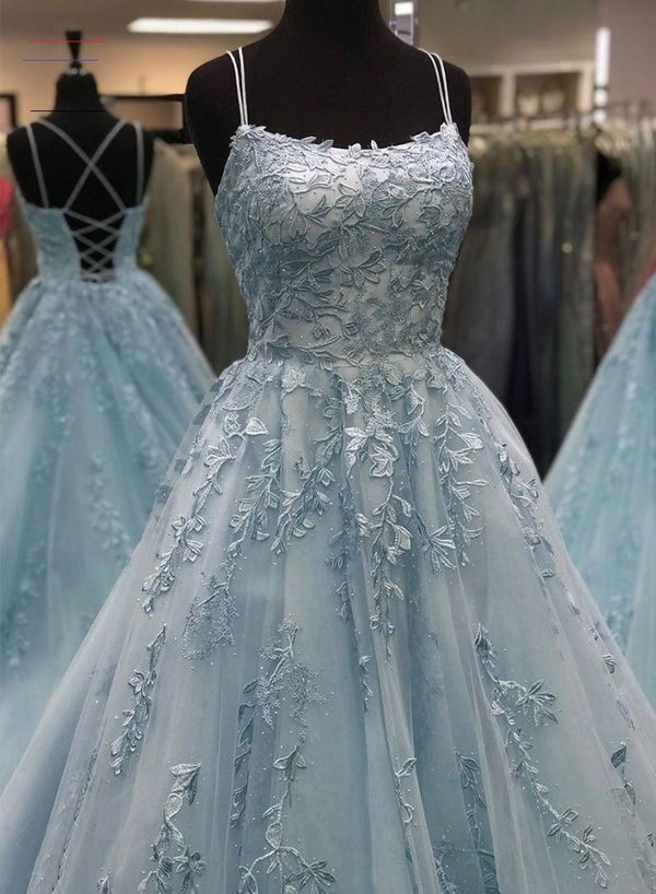 A Line Spaghetti Straps Cross Back Blue Lace Short Prom Dresses PD259