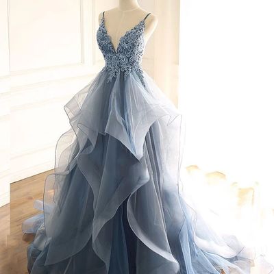Sp1015,blue gray tulle v neck long ruffles prom dress,lace evening dress