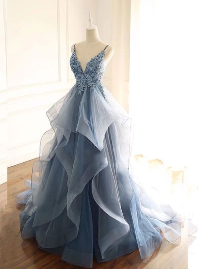 SP1015,Blue Gray Tulle V Neck Long Ruffles Prom Dress,Lace Evening Dress