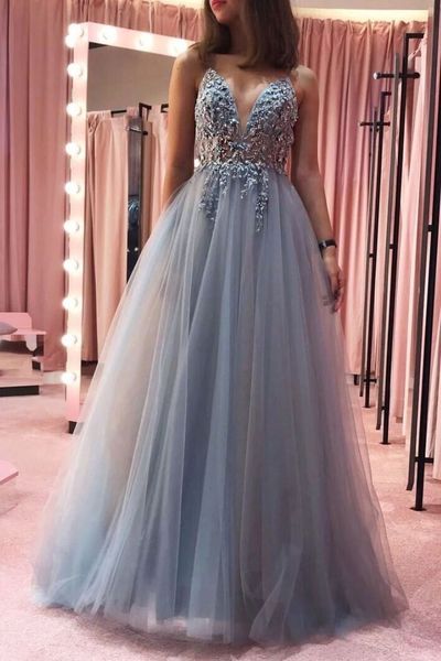 SP1019,Sexy Crystal Blue Prom Dresses,Beaded V-Neck Evening Prom Dresses,Long Party Dress with Slit