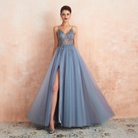 SP1019,Sexy Crystal Blue Prom Dresses,Beaded V-Neck Evening Prom Dresses,Long Party Dress with Slit - Thumbnail 1
