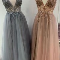 SP1020,Sexy Crystal Champagne Prom Dresses,Beaded V-Neck Evening Prom Dresses,Long Party Dress with Slit - Thumbnail 1