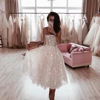 SP1021,Wild Stars Ombre Light Pink Midi Homecoming Dresses,Sparkly Celestial Wedding Gown with Stars and Sequins 