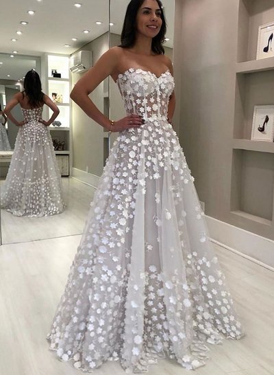 SP1028,White sweetheart neck flower tulle long prom dress,princess evening dress,beautiful wedding dress