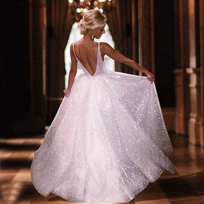 Sp1029,sparkle white v-neck prom dresses,v-back a-line evening dress - Thumbnail 5