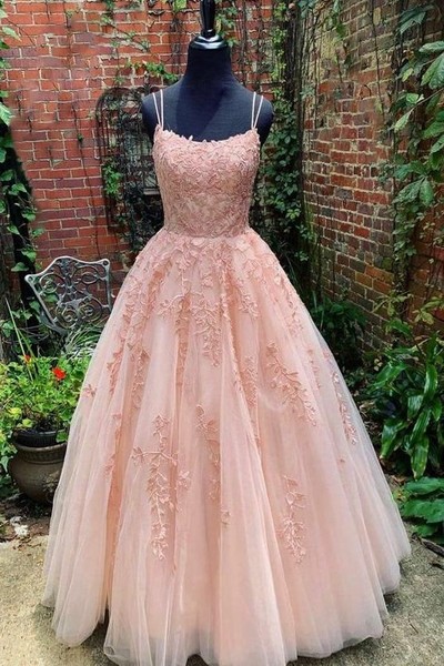 SP1032,Blush Pink Applique Prom Dresses,Doulble Straps A-line Evening Party Gown