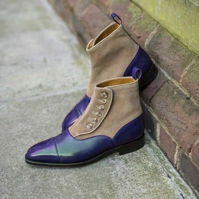 Men's navy blue leather camel suede cap toe button ankle high boot available - Thumbnail 3