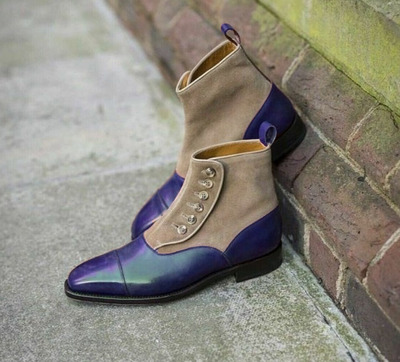 men's navy blue leather camel suede cap toe button ankle high boot available