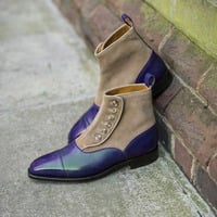 men's navy blue leather camel suede cap toe button ankle high boot available - Thumbnail 1