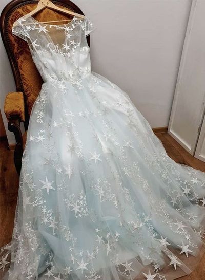 Cute & Fairy A Line Round Neck Cap Sleeves Stars Lace Prom Dresses