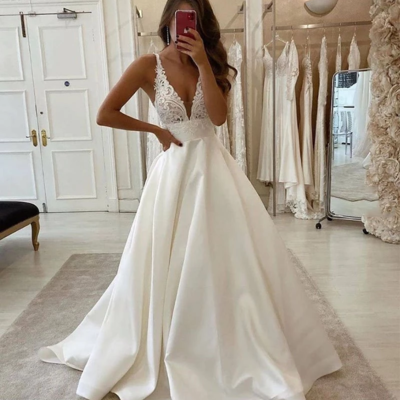 Sp1035,white v neck satin lace long prom dress evening dress wedding dress