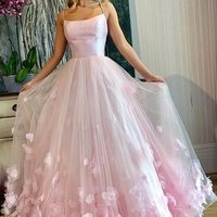 SP1037,Pink Spaghetti Straps Sweet 16 Prom Floor Length Tulle Formal Dress - Thumbnail 1