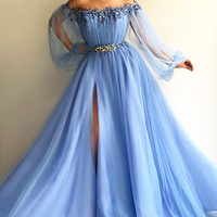 SP1038,Blue Long Sleeve Tulle Prom Dresses with High Split Beaded Crystal Evening Dresses - Thumbnail 1