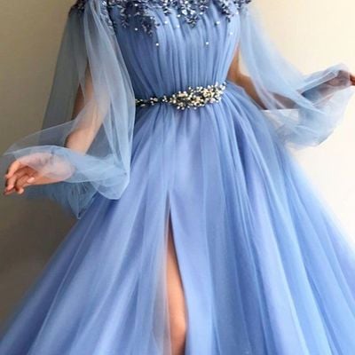 Sp1038,blue long sleeve tulle prom dresses with high split beaded crystal evening dresses