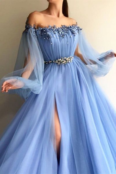 SP1038,Blue Long Sleeve Tulle Prom Dresses with High Split Beaded Crystal Evening Dresses