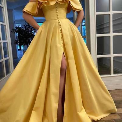 Sp1041,off the shoulder a-line prom dresses,yellow satin evening dress wedding dresses