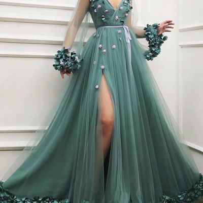Sp1042,handmade embroidered tulle ball gown with velvet belt sleeves 3d decal prom dress - Thumbnail 5