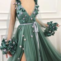 SP1042,Handmade embroidered tulle ball gown with velvet belt sleeves 3d decal prom dress - Thumbnail 1