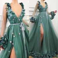 SP1042,Handmade embroidered tulle ball gown with velvet belt sleeves 3d decal prom dress - Thumbnail 2